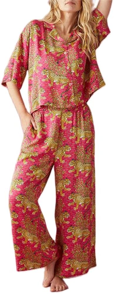 Women Y2k 2 Piece Pajama Set Printed Button Down Short Sleeve Shirt Wide Leg Pants Sleepwear Lounge Set