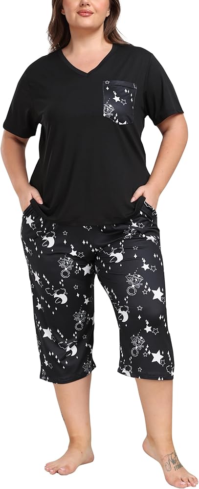 JINSHI Women's Plus Size Pajama Sets Short Sleeve Pjs Set V Neck Tops & Capri Pants Sleepwear 2 Piece Lounge Set XL-5XL