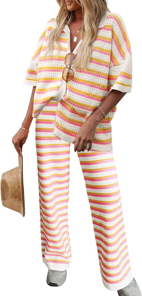 Tankaneo Womens Short Sleeve Striped Pajama Sets Color Block Crochet Knit Button Top Pants 2 Piece Lounge Sets