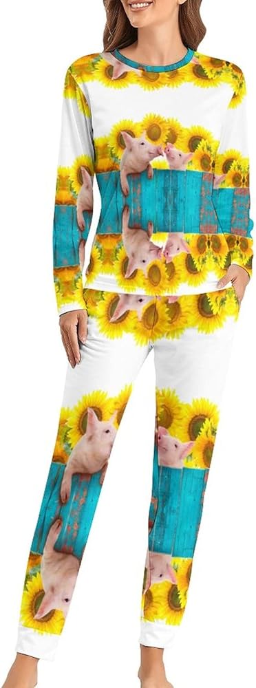 Funny Sunflowers Pigs Casual Pajamas For Women Set Long Sleeve Sleepwear Nightwear Loungewear