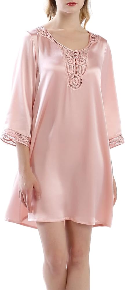 Women's Luxury Silk Sleepwear hand crafted ¾ sleeves 100% Silk Nightgown Sleep Dress