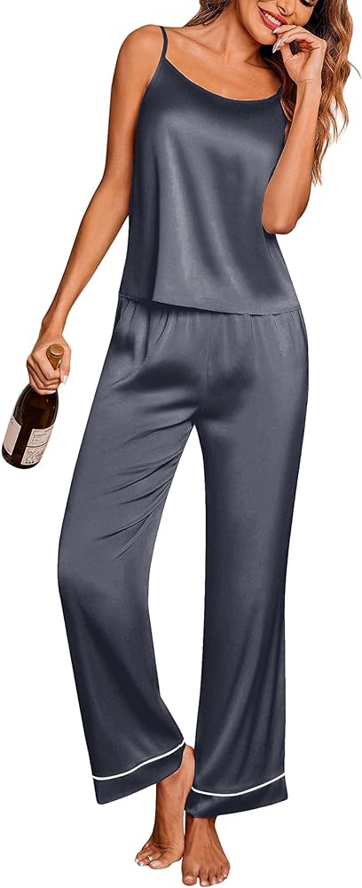 Ekouaer Women Silk Satin Pajamas Sleeveless Pjs Set 2 Piece Summer Loungewear Sleepwear with Pockets S-XXL