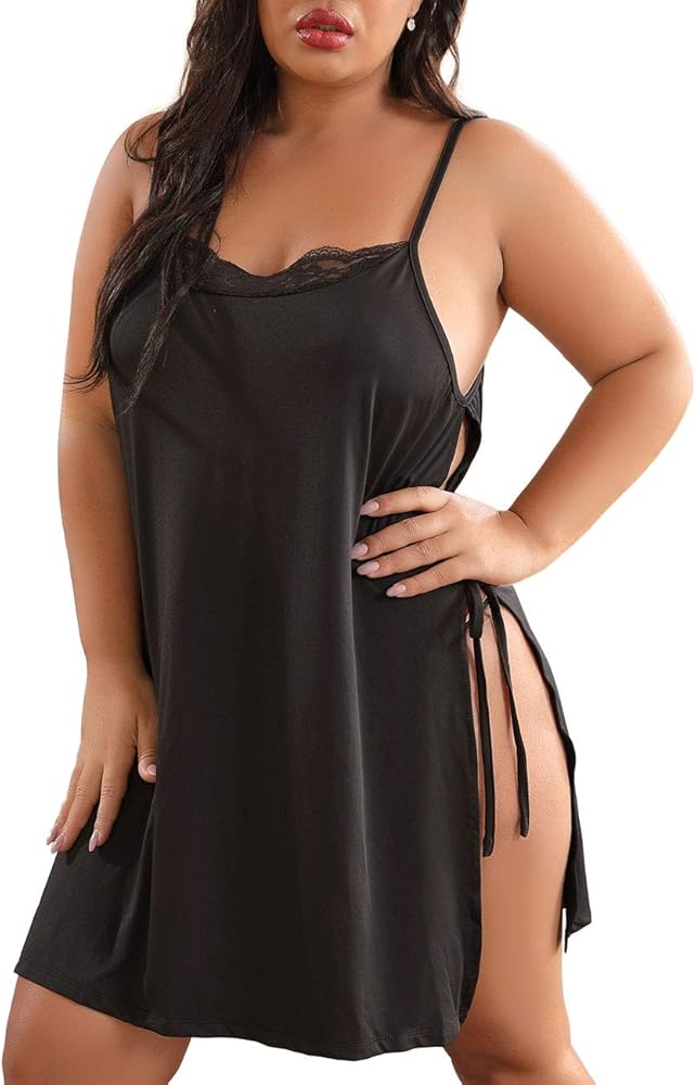 XAKALAKA Women Plus Size Lace Babydoll Lingerie Side Slit Strappy Chemise Sleepwear