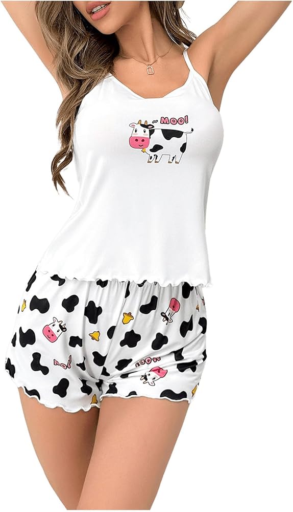 SOLY HUX Women's Cute Pajama Set Cartoon Print Cami Top and Shorts Sleepwear Loungewear