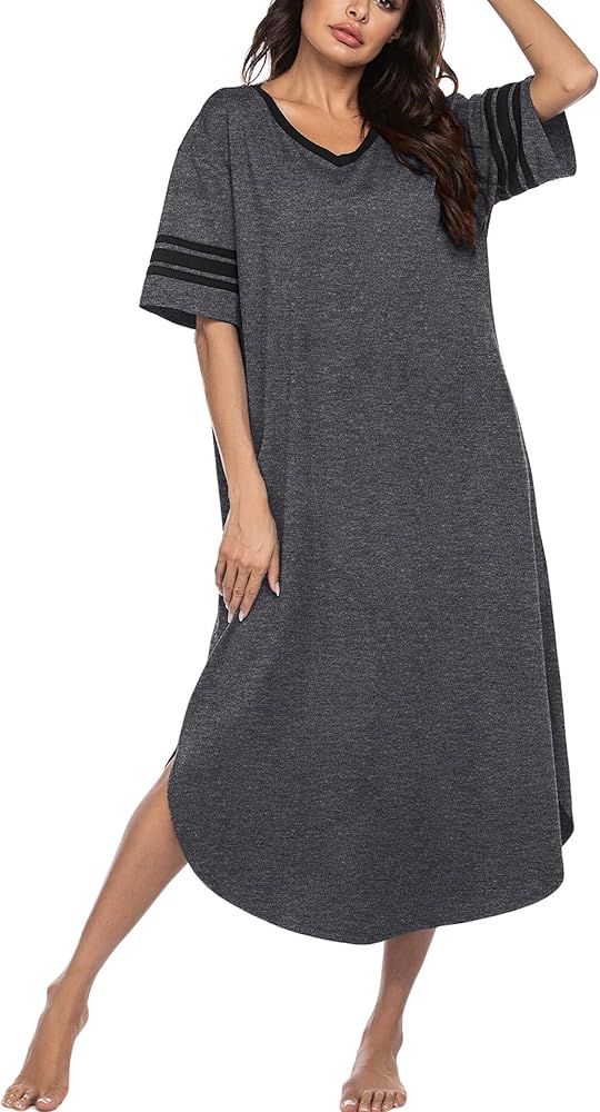 Ekouaer Long Nightgown, Womens V Neck Loungewear Oversized Sleepwear Loose Sleep Dress S-4XL