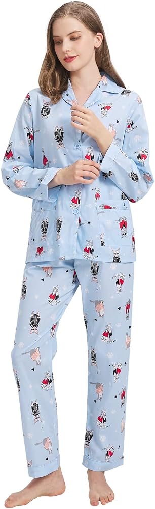 Amaxer Women's 100% Cotton Pajama Set For Women Long Sleeve Soft Button Pajamas Elastic Drawstring PJs