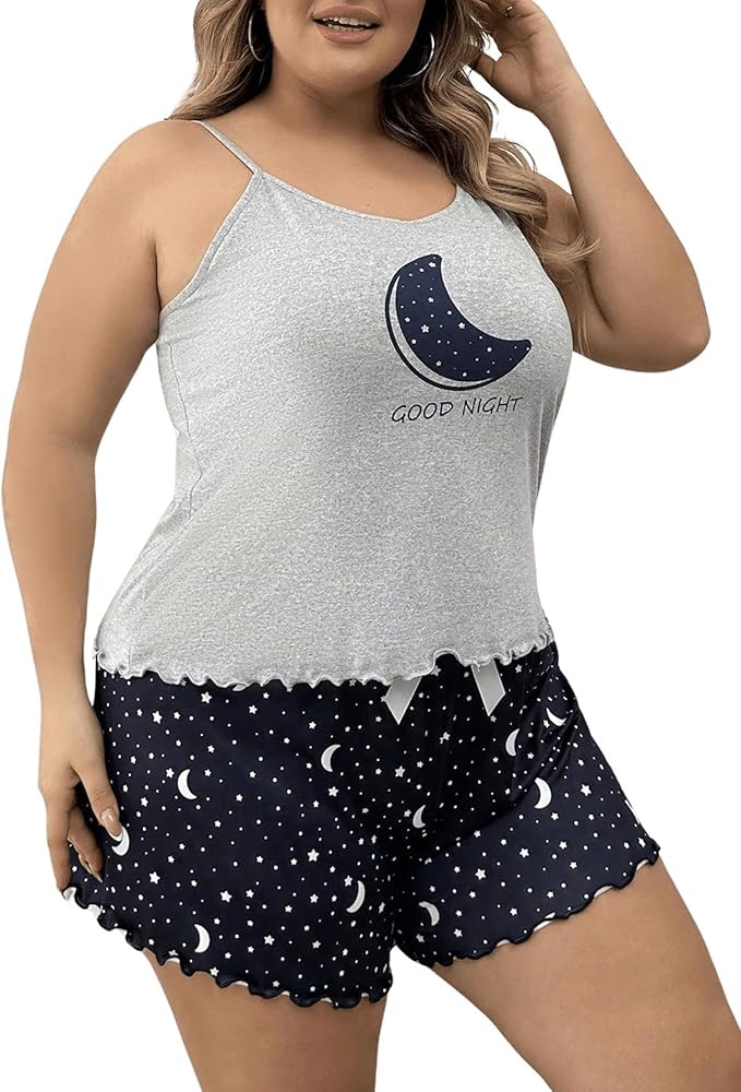 WDIRARA Women's Plus Size Sleepwear Moon Print Sleeveless Tank Top and Lettuce Trim Shorts Pajama Set