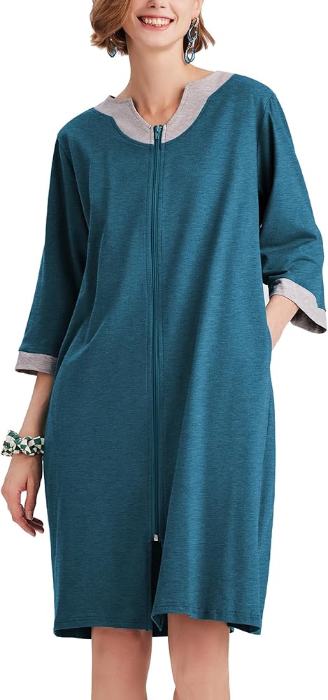 Ekouaer Women Zipper Robe 3/4 Sleeve Nightgowns Lightweight Short Bathrobe with Pockets S-3XL