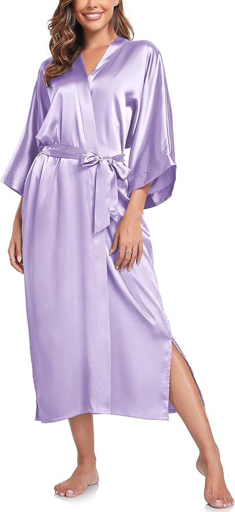 SIORO Silk Robe for Women Long Kimono Satin Bridesmaids Robes Lightweight Soft Sleepwear Full Length Bathrobe One Size