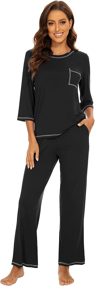 WiWi Pajamas for Women Bamboo Viscose 3/4 Sleeve Tops and Long Pants Sleepwear Pajama Set Soft Pjs Sets S-XXL