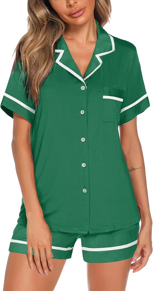 Ekouaer Women's Pajamas Sleepwear Shirt and Short Button-Down Pj Set Two Piece Sets Green Large