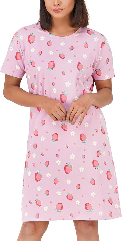 Women's Soft Cotton Nightgown - Nightshirt Short Sleeve Sleepwear with Printed Fabric Design