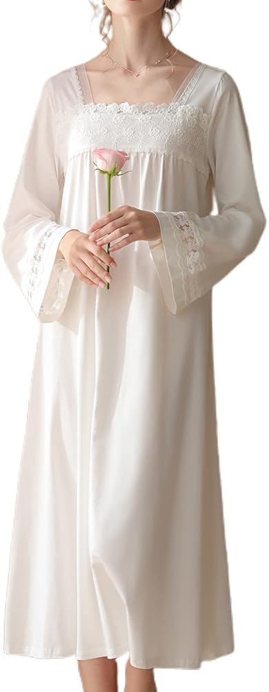 Women's Cotton Blend Nightgown Victorian Vintage Sleep Dress Long Sleeve V Neck Full-length