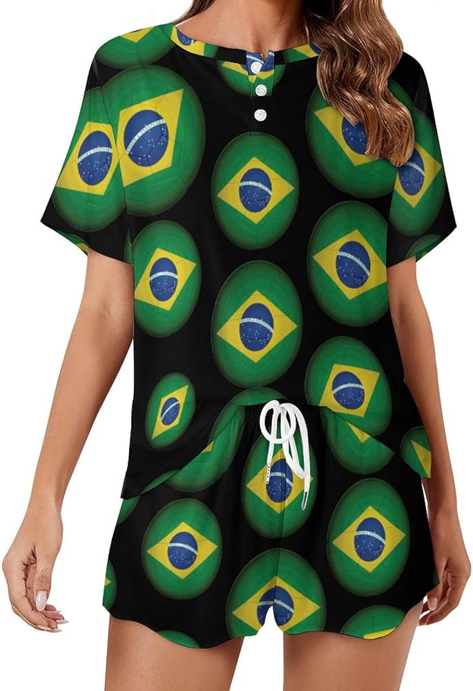 Brazil Football Flag Classic Women's Pajamas Loungewear Set Loose Short Sleeve Sleepwear With Pockets