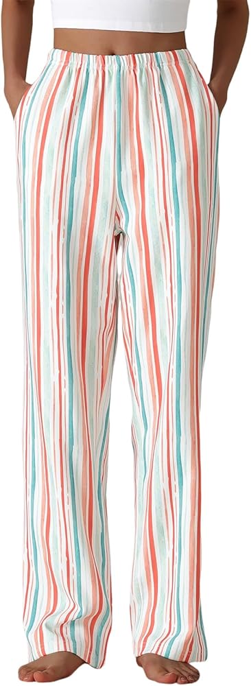 Pajama Pants Women Cotton Plaid Pj Pants Lounge Sleepwear Wide Leg Pajama Bottoms with Pockets Casual Comfy