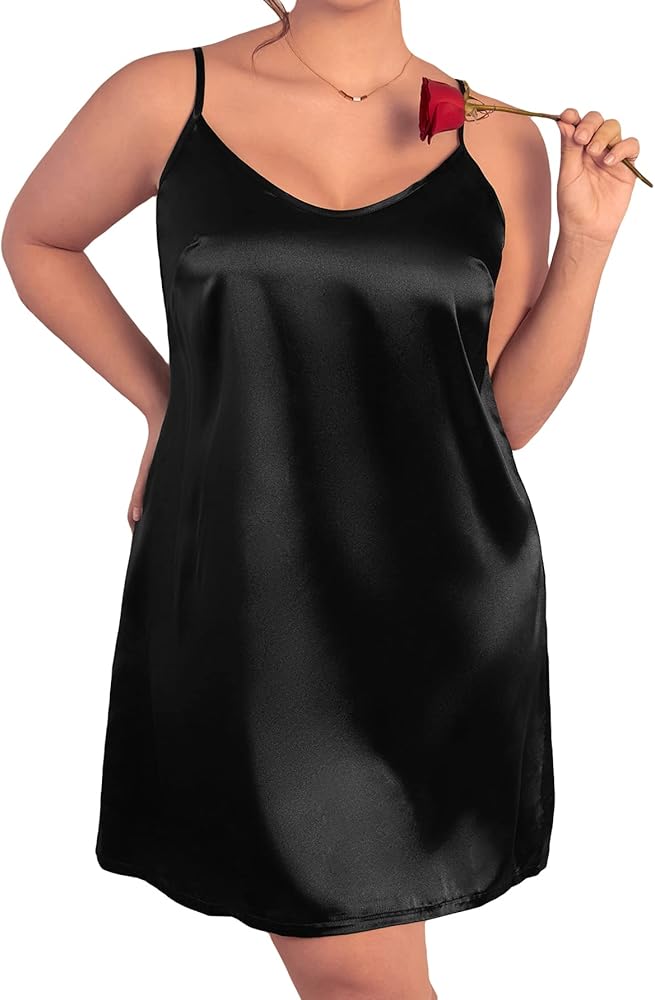 WDIRARA Women's Plus Size Cross Backless Cowl Neck Satin Slip Sexy Lingerie Cami Dress Chemise Nightgown Babydoll Sleepwear