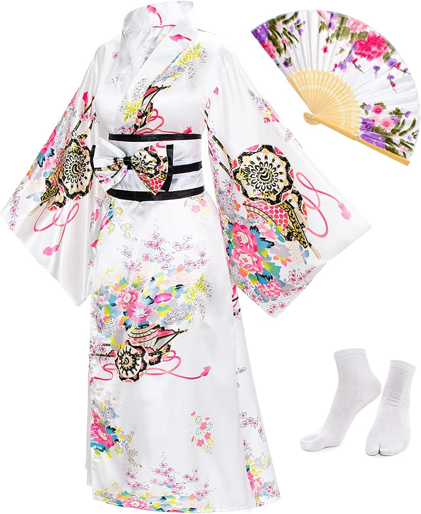 Elibelle Japanese Anime Women's Kimono Robe Geisha Yukata Sweet Dress Blossom Satin Bathrobe Sleepwear Fans Tabi Socks set