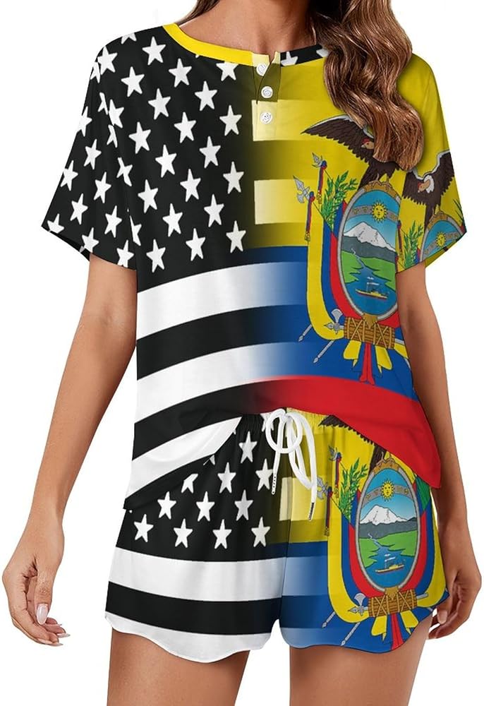 Black And White USA Ecuador Flag Women's 2 Piece Pajamas Short Sleeve Shorts Sleepwear Set Causal Loungewear Home Suit 5XL