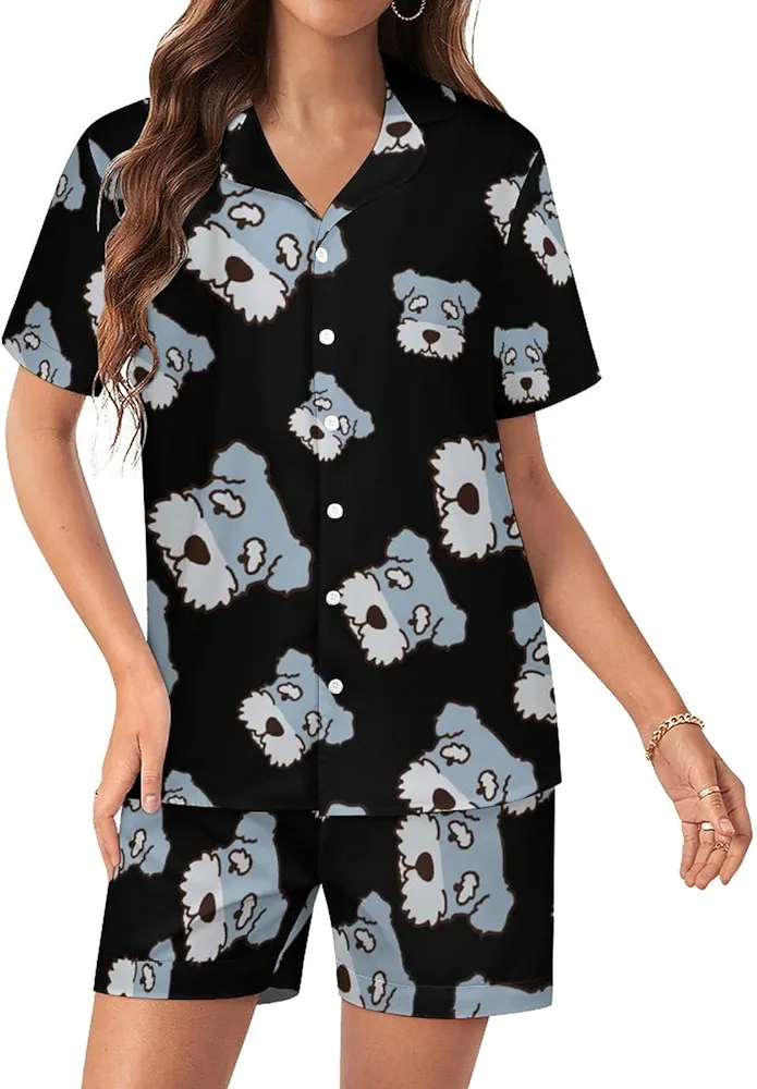 Miniature Schnauzer Womens Silk Satin Pajama Set Button Down Pjs Sleepwear Two Piece Short Sleeve Top with Shorts XL