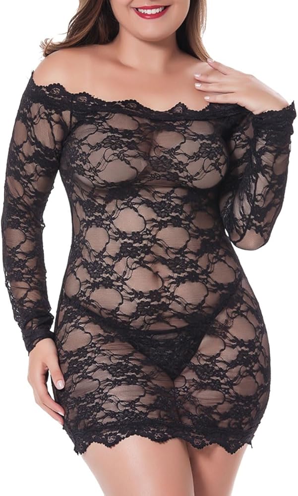 Women Plus Size Chemise Lingerie Sexy Lace Babydoll Bodysuit Off Shoulder Nightdress