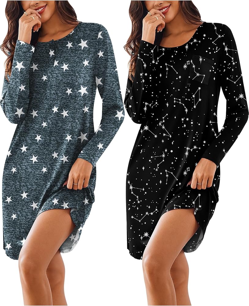 Ekouaer Women's 2 Pack Sleepshirt Dress Comfortable Nightshirt Nightgown Long Sleeve Button Down Sleepwear