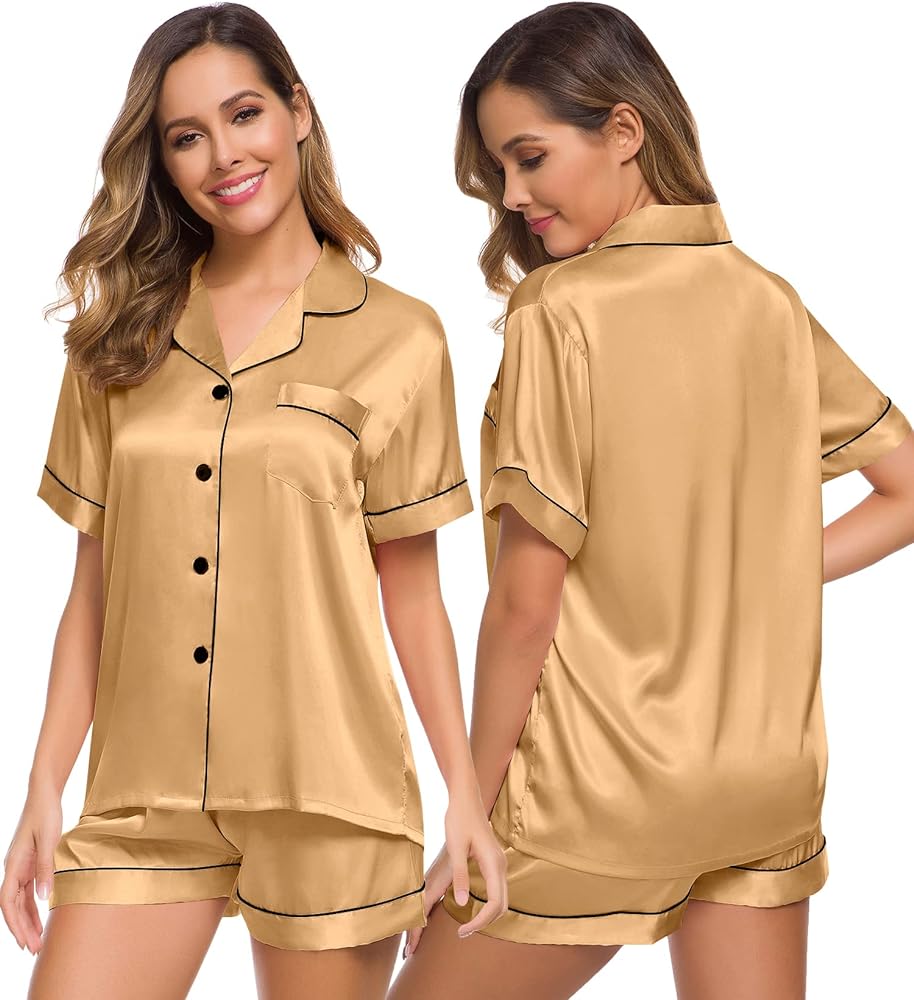 SWOMOG Womens Silk Satin Pajamas Set Two-piece Pj Sets Sleepwear Loungewear Button-Down Pj Sets