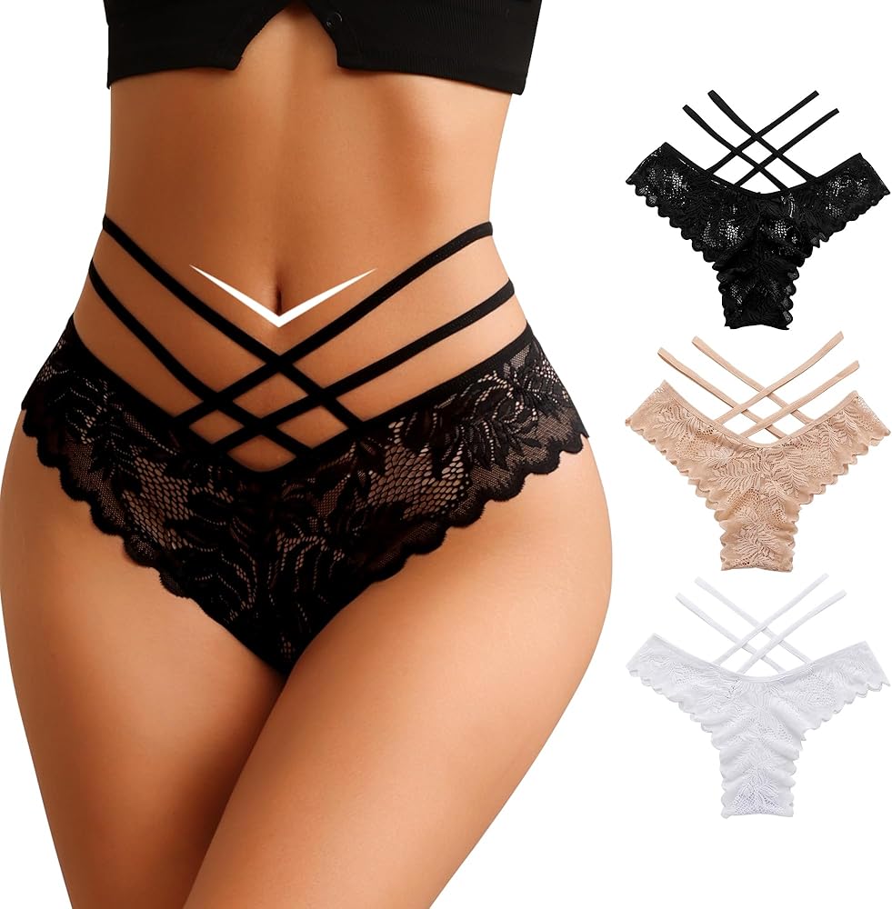 Women Sexy Lace Bikini Panties High Waisted V-Shape Criss Cross Panties Ladies Cute Hipster Briefs Multipack