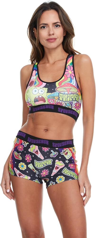 SpongeBob Women’s Sports Bra and Boxer Briefs Underwear Set with Racerback and Removable Pads