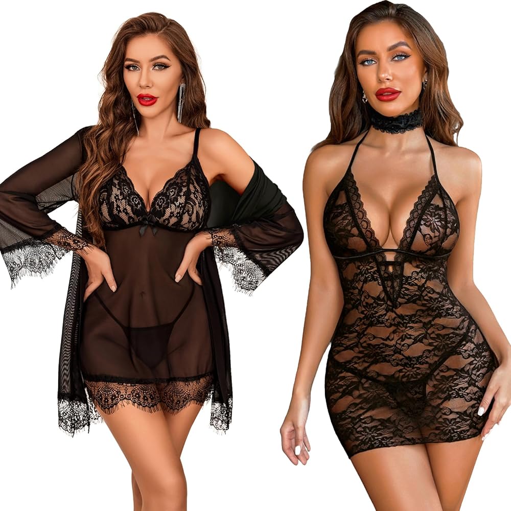 Avidlove Mesh Robe Sets Lace Babydoll Lingerie Dress (Black,L)