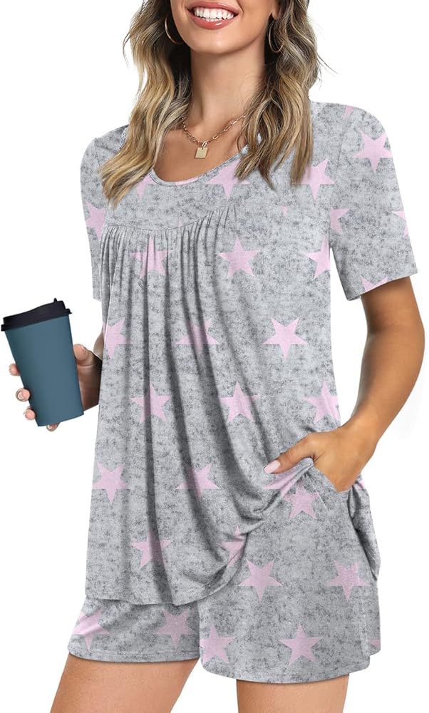 POPYOUNG Summer 2 Piece Short Sleeves Pajama Sets Casual Lounge Sleepwear Ladies Pjs Sets with Pocket