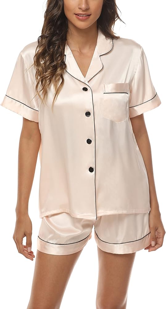 Button Down Satin Short Pajamas Set for Women 2 Piece Tops & Shorts Sleepwear Pj Lounge Set