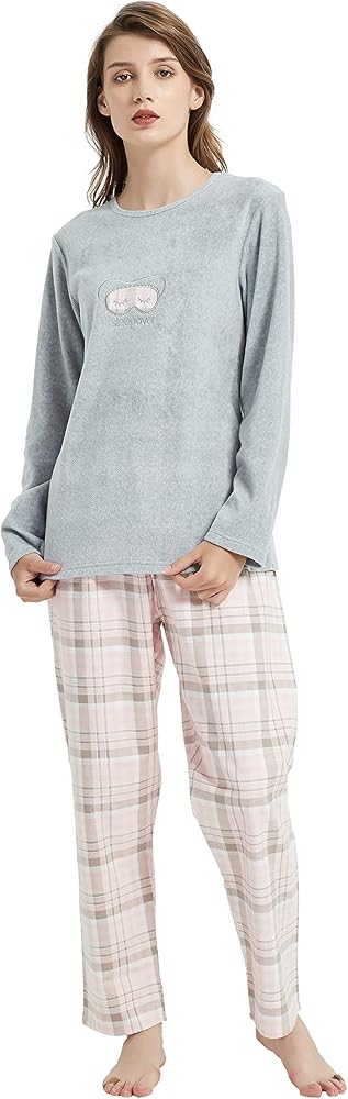 GLOBAL Women Winter Pajamas Set Long Sleeve Fleece Pajama Set for Women Soft&Cozy PJs 2Pc Pink and Grey S-XXL