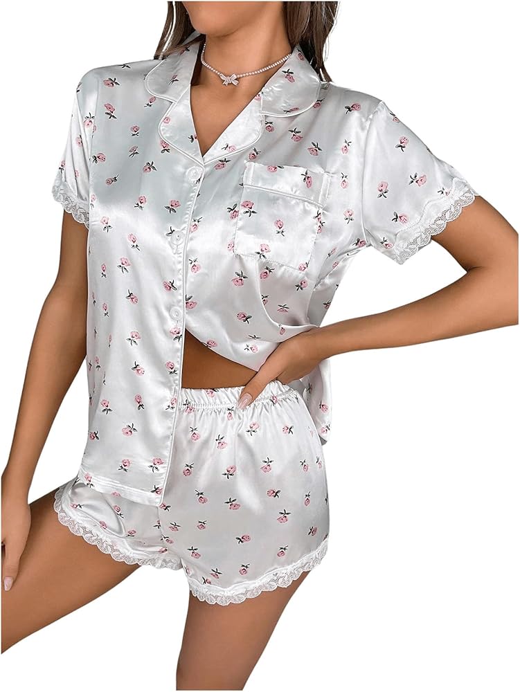 SOLY HUX Women's 2 Piece Lounge Set Silk Short Sleeve Button Down Pajamas Shorts Set Floral Satin Sleepwear