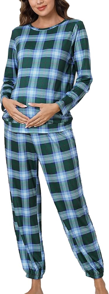 Women's Maternity Pajama Set Casual Christmas Plaid Long Sleeve Sleepwear with Long Pants Soft Loungewear Pj Set Green Plaid 2XL