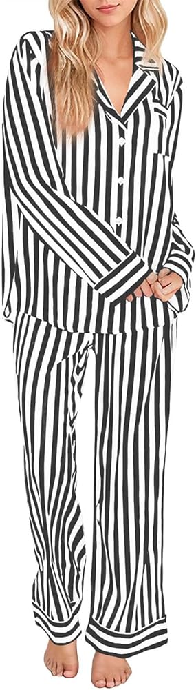 Imily Bela Women's Striped Pajama Set Long Sleeve Button Down Sleepwear 2 Piece Satin Silk Loungewear