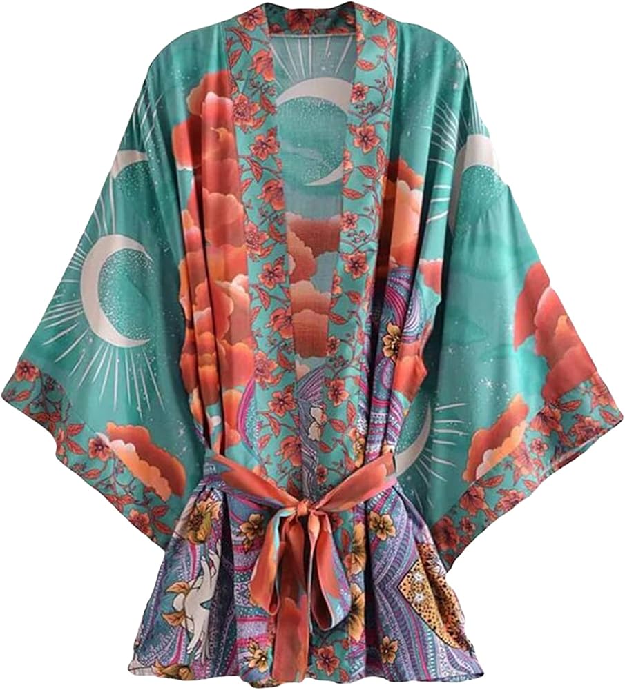 Moonstruck Teal Gypsy Goddess Kimono Robe Boho Beach Coverup Short Cotton Robe Witchy Woman Robe BY TOP BOHEMIAN DESIGNS