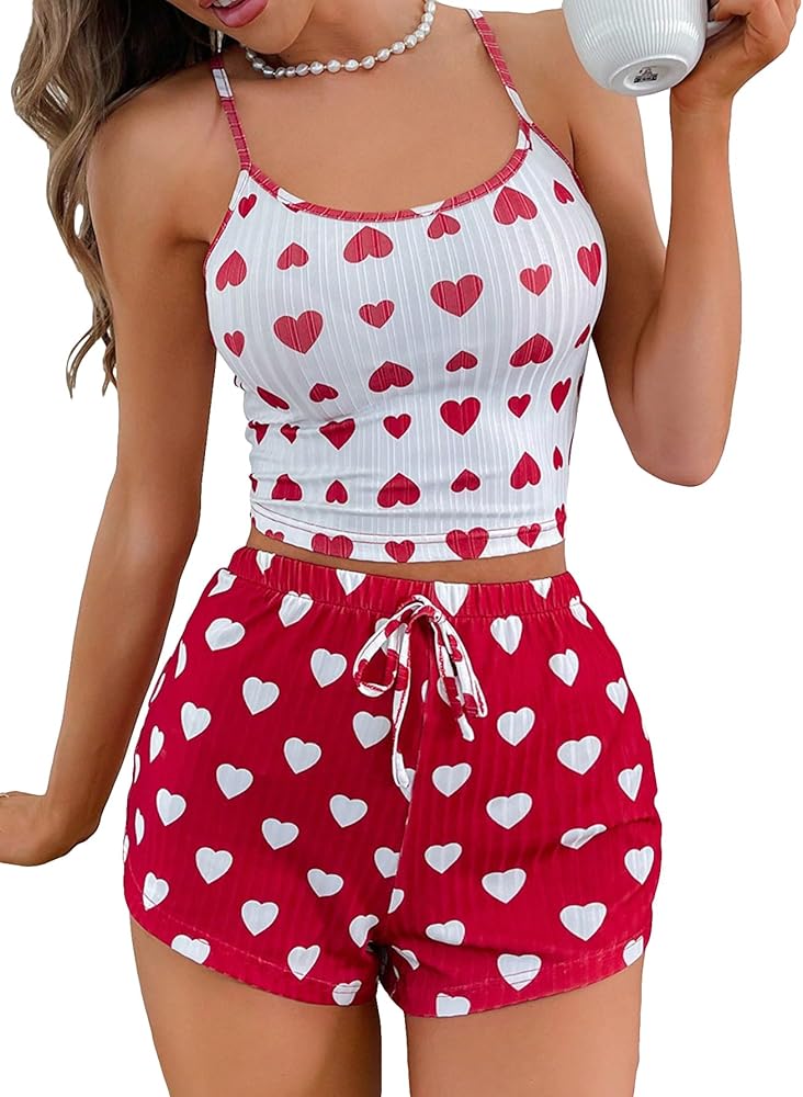 OYOANGLE Women's 2 Piece Pajamas Set Heart Print Cami Top and Drawstring Shorts Sleepwear Set Red and White M