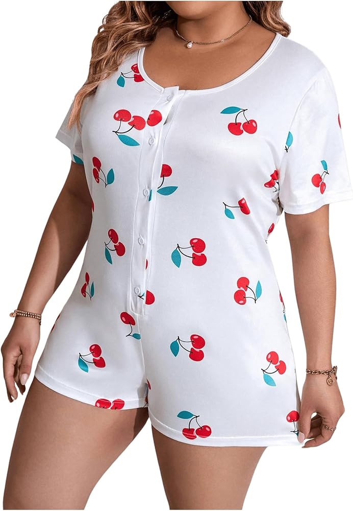 Floerns Women's Plus Size Cherry Print Sleepwear Button Front Onesie Shorts Romper