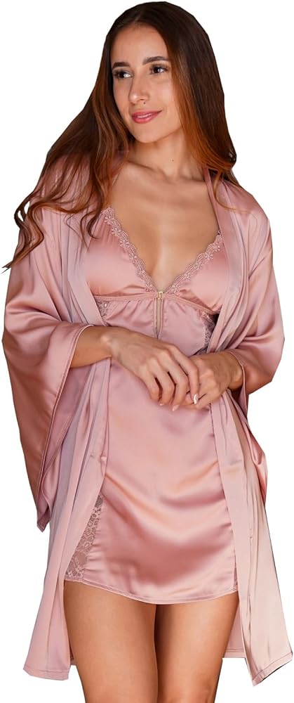 Women's Nightgown and Bridal Robe Set Sexy Exotic Sleepwear Lingerie Set Silk Satin Pajama Set 2 Pcs