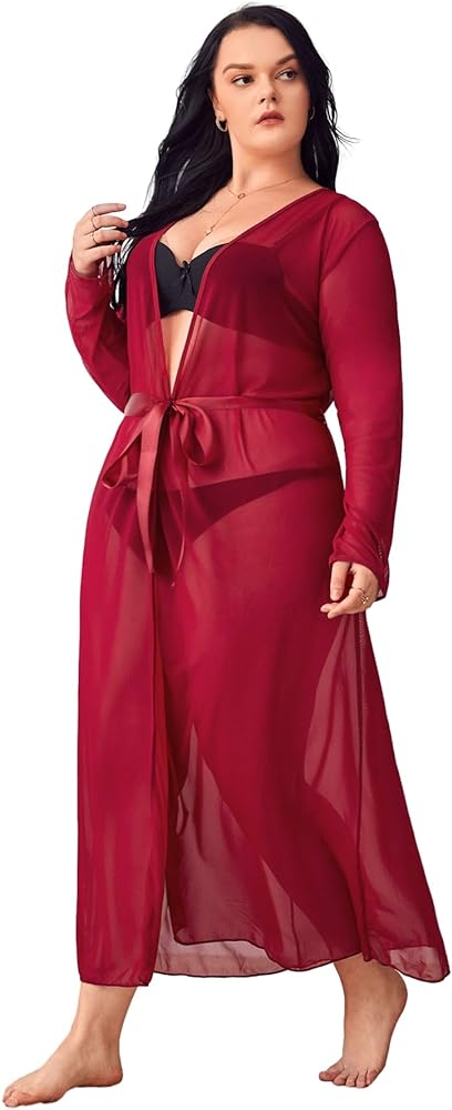 SOLY HUX Women's Plus Size Long Sleeve Sheer Mesh Kimono Belted Robe