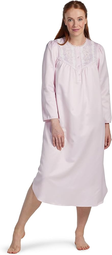 Miss Elaine Long Nightgown, Brushed Back Satin, Long Sleeves and Button Top, Neckline Details, Sleepwear & Loungewear