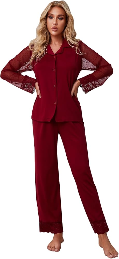 Women's Long Lace Sleeve Notch Collar Sleepwear Button Up Loungewear Pajamas Set Nightwear