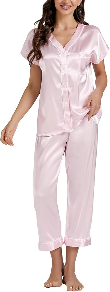 LYANER Satin Pajama Set for Women Short Sleeve V Neck Silky Shirt with Capri Pants Button Down PJs Soft Loungewear