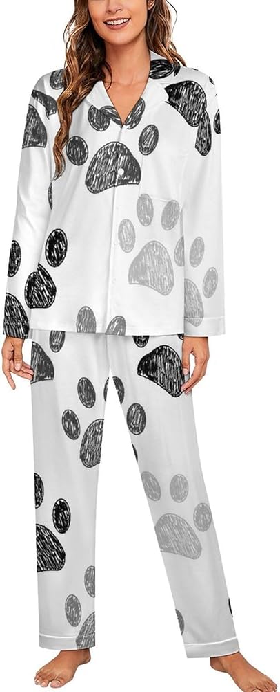 Dog Paw Print Black White Pajama Set for Women Long Sleeve Sleepwear Button Down Nightwear Soft Pj Lounge Sets