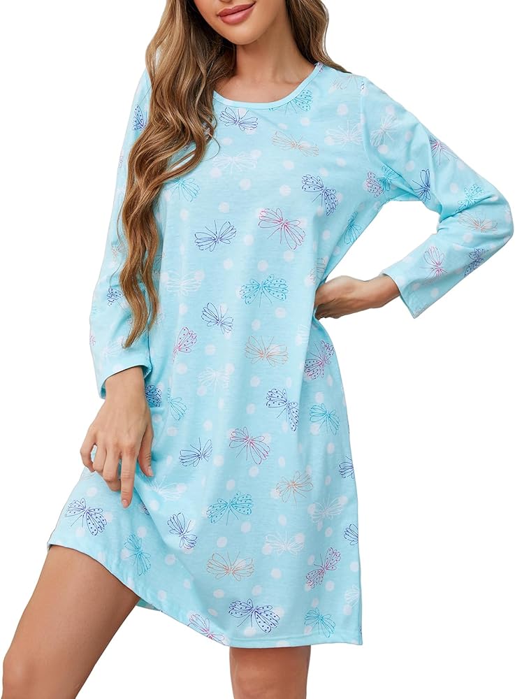 CHUNG Women's Cotton Nightgowns Long Sleeve Above Knee Vivid Print Nighties Sleepshirts Dress Sleepwear Autumn Winter