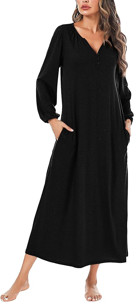 Marvmys Womens Cotton Long Sleeve Nightgown Long Sleepshirts Full Length Henley Sleep Dress with Pockets