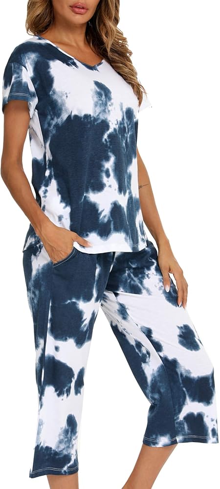 ENJOYNIGHT Women's Tie Dye Pajamas Sets Lounge Short Sleeve Top with Capri Pants Sleepwear 2 Piece Set