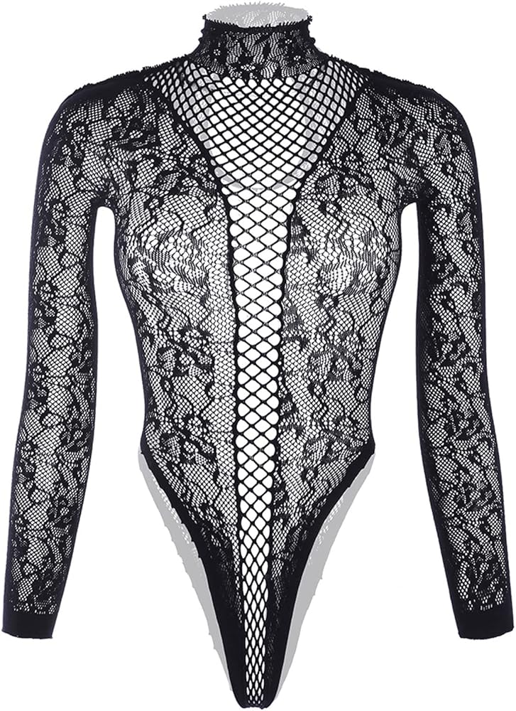 Women Floral Lace Fishnet Bodysuit Hollow Hole Open Back Long Sleeve Mock Neck Stretch Leotard Slim Romper