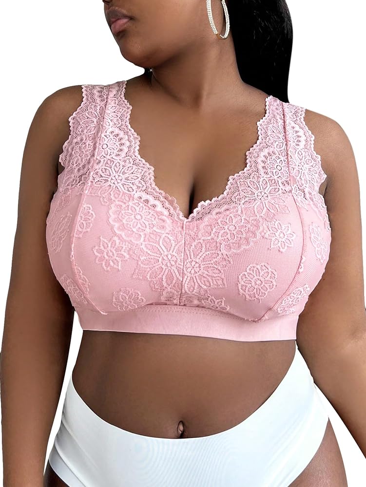 OYOANGLE Women's Plus Size Floral Lace Wireless Bra V Neck Full Coverage Bralette