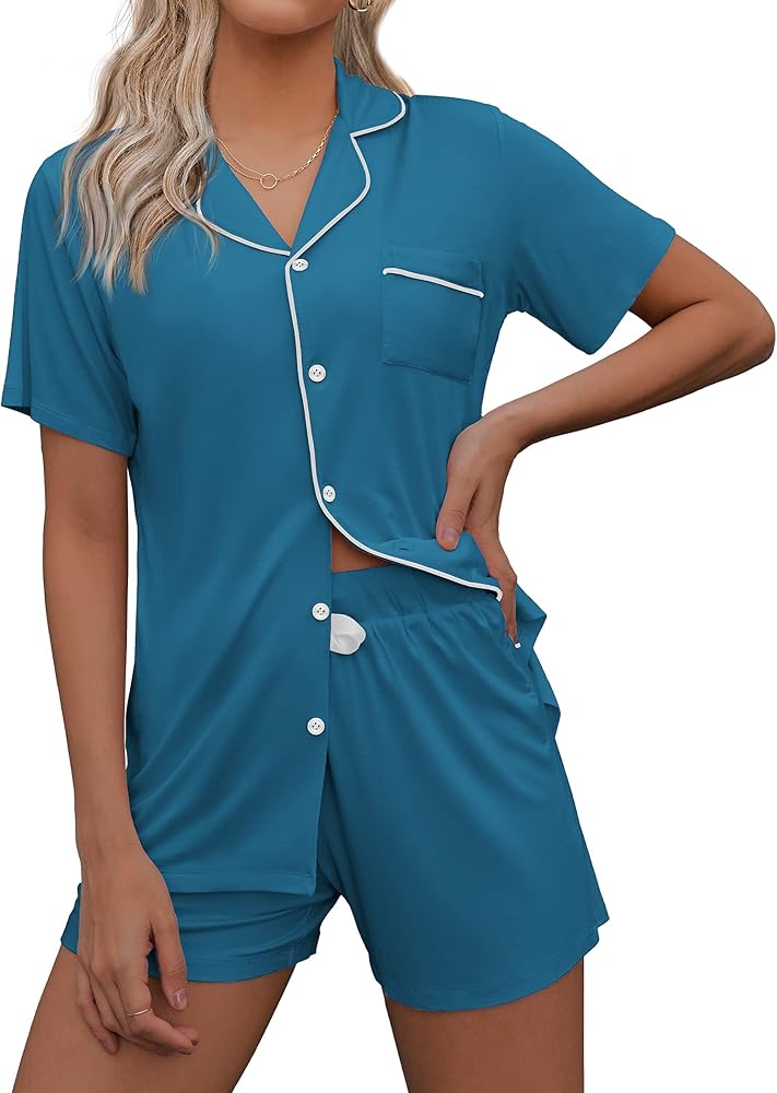 Ekouaer Pajamas Set for Women Short Sleeve Sleepwear Summer Button Down Nightwear Soft Pjs Lounge Set